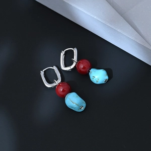 Ethnic style earrings with red agate beads and irregular turquoise stones on silver hooks