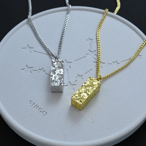 New Chinese Style Copper Square Column Pendant Necklace Gold Silver Plated Hammered Texture Geometric Jewelry For Women Gift