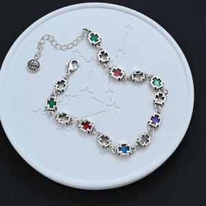 Vintage 925 Sterling Silver Colorful Enamel Cross Link Bracelet For Women Adjustable Chain Hip Hop Jewelry Accessory