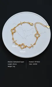 Close-up of gold clover bracelet with inlaid white crystals and S925 engraved details