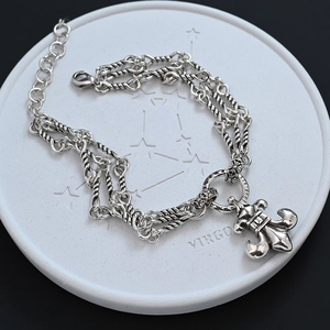 Retro zircon anchor bracelet with fleur-de-lis pendant in vintage silver multi-layer style