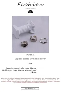Three vintage multi-layer Thai silver style rings in twisted and wavy layered designs