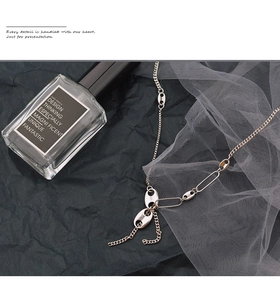 Detail view of a silver pig-nose chain necklace on a dark background with mesh textures