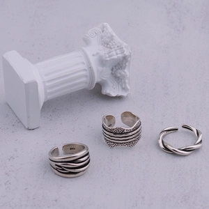 Vintage Copper Open Rings For Women Thai Silver Plated Layered Winding Geometric Braided Adjustable Finger Rings Jewelry