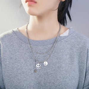 Double-layered silver smile face and I love you disc pendant necklace for women