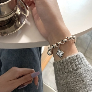Vintage Thai-Silber-Stil Kupfer Armband Für Damen Made With Love Quadratischer Anhänger Runde Perle Retro Kette Schmuck Geschenk