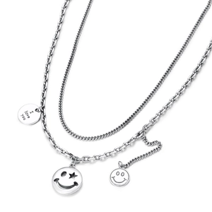 Double-layered silver smile pendant necklace with punk style chain for women