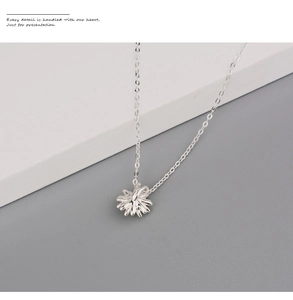 Detailed view of daisy pendant necklace in S925 sterling silver on geometric background