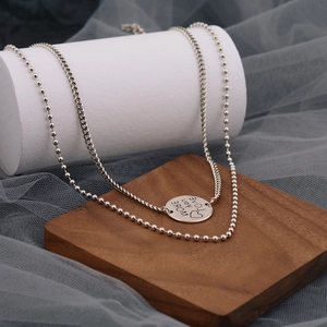 Silver double-layer necklace with 'More Love You' round pendant on bead and link chains