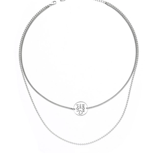 Double-layered silver sweater chain with round Love You More pendant and beaded necklace