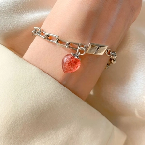 Silver paperclip chain bracelet with red heart strawberry quartz and Smile charm