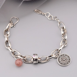 Retro S925 Sterling Silber Armband mit rosa Kristall und Uhr Anhänger für Damen