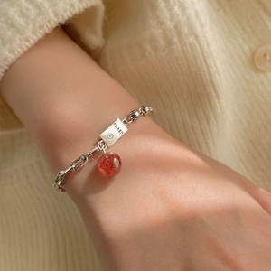 Chic silver link chain bracelet with strawberry crystal charm and engraved metal tag