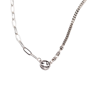 Vintage silver hollow smiley face pendant necklace with asymmetric paperclip chain