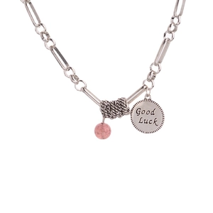 Vintage silver chain bracelet with pink crystal bead and Good Luck coin pendant