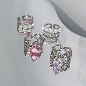 Sweet Cool Copper Pink Zirconia Heart Ring Niche Design Artificial Pearl Ear Bone Clip Double Layer Adjustable Fashion Jewelry For Women