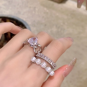 Sparkling double-layer open ring set with heart-cut zircon and white pearls for women