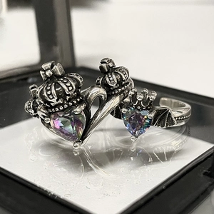 Vintage Gothic Copper Open Ring For Women Punk Crown Bat Heart Zirconia Adjustable Finger Ring Party Jewelry Gift