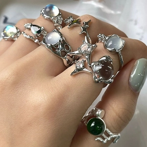 Anillo de Aleación Vintage Francés Para Mujer Corazón Mariposa Efecto Piedra de Luna Ajustable Diamante de Imitación Perla Artificial Anillo Abierto