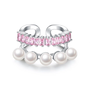Elegant silver double-layer ear cuff with pink zircon stones and white pearls on white background