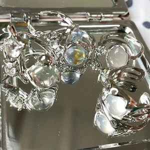 Modern French S925 silver open rings with moonstones and liquid metal design