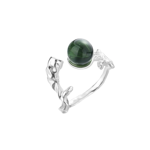 Vintage branch textured open ring with round green gemstone in silver finish