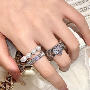 Irregular French style moonstone ring with heart-cut zircon and white pearls
