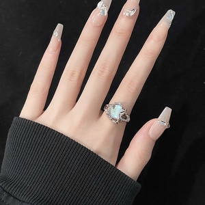 French style irregular silver lava open ring with large iridescent opal stone for women