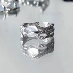 French Vintage Irregular Lava Texture Copper Ring With Oval Moonstone Opal Adjustable Open Finger Ring For Women Jewelry
