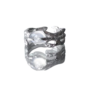 Minimalist silver branch open ring with an oval iridescent opal gemstone center