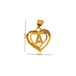 Detail view showing a 22mm x 16mm gold heart pendant with letter A and zircon stones