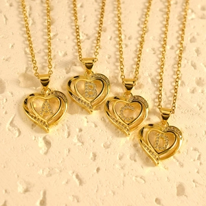 Gold plated heart pendant necklace with micro-set zircon initials A B C D on fine chain