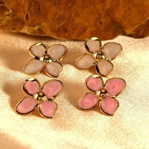 Vintage Stainless Steel Enamel Flower Stud Earrings Gold Plated Four Petal Floral Earrings For Women Elegant Jewelry Gift
