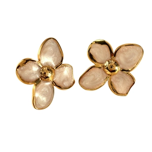 Elegant gold-plated stainless steel four-petal flower earrings with white enamel finish