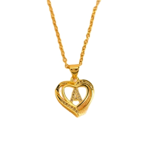 Gold heart necklace with letter A pendant and sparkling cubic zirconia crystals