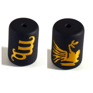 Detail of matte black beads with gold zodiac signs and bird patterns for DIY jewelry