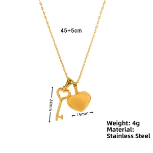 Detailed view of heart and key pendant necklace showing precise measurements and 4g weight