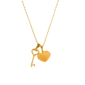 Minimalist gold stainless steel necklace with heart and key pendant on white background
