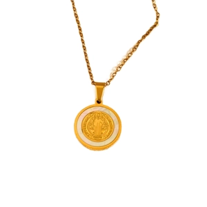 Goldene Benedikt-Medaille Halskette mit Perlmutt-Inlay und klassischer Kreuzkette