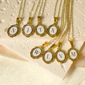 Vintage Stainless Steel Letter Necklace For Women White Enamel Oval Alphabet Initial Gold Plated Pendant Necklace Jewelry