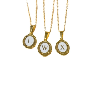 Gold oval pendant necklace with white enamel initial letters L, W, and X on stainless steel