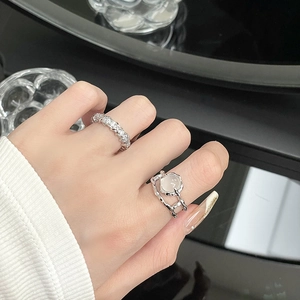 Irregular French moonstone and zircon ring set with silver pleated texture for women