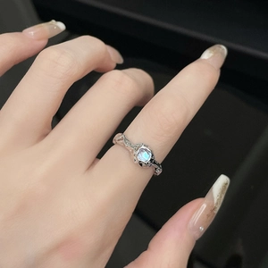 Lava texture S925 sterling silver open ring with a blue moonstone in minimalist style