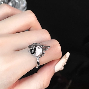 Unisex fluid silver Tai Chi ring with black and white enamel and rhinestone detail