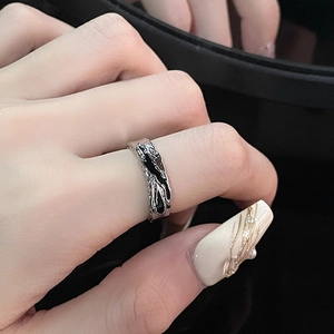 French irregular lava open ring with black enamel and polished silver metallic finish