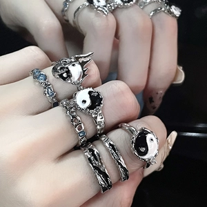 French irregular lava ring with Yin Yang enamel and dragon relief in silver metal