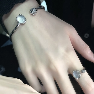 Silver moonlight stone open bracelet and ring set for women with floral design