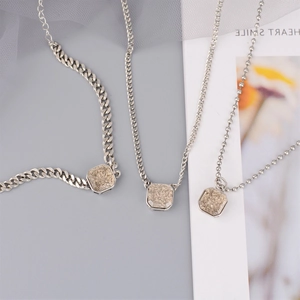 Juego de Joyas Minimalistas de Cobre Plateado para Mujer Colgante Cuadrado Pulsera de Eslabones Collar de Cadena de Bolas Cuarzo Ahumado Zirconia