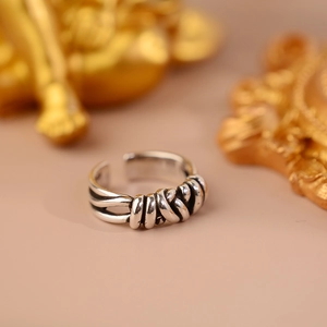 Vintage braided silver multilayer adjustable open ring with antique rope texture for women