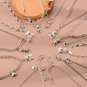 Colliers et bracelets en argent S925 avec pendentifs ours et perles de pierres colorées